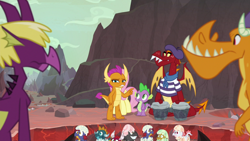 Size: 1920x1080 | Tagged: safe, screencap, baby pinpoint, baby rubble, baby sparks, baby stomp, billy (dragon), fluttershy, fume, garble, smolder, spear (dragon), spike, dragon, pegasus, pony, sweet and smoky, baby, baby dragon, beatnik, beret, bongos, clothes, dragon egg, dragon lands, dragoness, egg, eggshell, female, hat, male, shirt, striped shirt