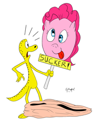 Size: 800x1006 | Tagged: safe, artist:cartoon-eric, pinkie pie, pony, sack, salamander, sucker