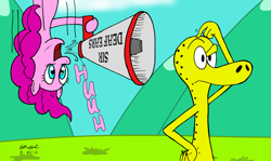 Size: 900x535 | Tagged: safe, artist:cartoon-eric, pinkie pie, pony, megaphone, mountain, salamander