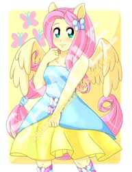 Size: 600x777 | Tagged: safe, artist:lightdarksoysauce, fluttershy, equestria girls, equestria girls (movie), bare shoulders, clothes, cute, cutie mark, dress, fall formal outfits, female, obtrusive watermark, ponied up, sample, shyabetes, solo, watermark