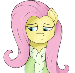 Size: 1116x1080 | Tagged: safe, artist:kirr12, fluttershy, pegasus, pony, bathrobe, clothes, female, looking down, mare, robe, sad, simple background, solo, transparent background