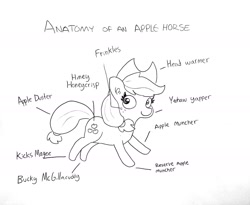 Size: 1755x1440 | Tagged: safe, artist:tjpones, applejack, earth pony, pony, anatomy, anatomy guide, applejack's hat, black and white, bucky mcgillicutty, cowboy hat, cute, ear fluff, female, freckles, grayscale, hat, jackabetes, kicks mcgee, lineart, mare, monochrome, simple background, solo, text, traditional art, white background, yeehaw