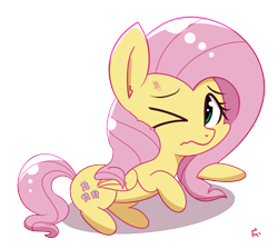 Size: 1116x1000 | Tagged: safe, artist:yinglongfujun, fluttershy, pegasus, pony, bruised, chibi, female, folded wings, mare, one eye closed, pain, simple background, solo, teary eyes, transparent background, wavy mouth, wings