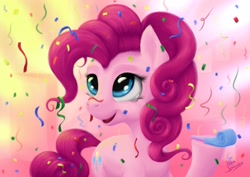 Size: 2280x1612 | Tagged: safe, artist:bluespaceling, pinkie pie, earth pony, pony, confetti, cute, detailed, diapinkes, female, happy, mare, party horn, solo, streamers