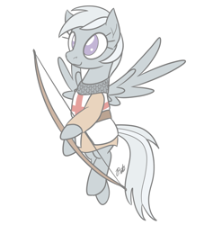 Size: 1520x1676 | Tagged: safe, artist:camo-pony, derpibooru exclusive, silverspeed, pony, bow (weapon), clothes, female, mare, no pupils, simple background, white background