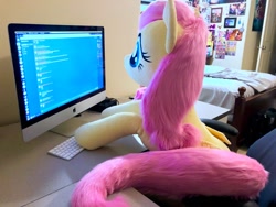 Size: 1280x960 | Tagged: safe, artist:natureshy, artist:qtpony, fluttershy, pegasus, pony, chair, computer, cute, desk, discord (program), fluffy, imac, internet, life size, photo, plushie, shyabetes, sitting