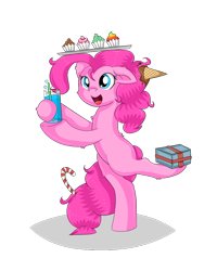 Size: 640x800 | Tagged: safe, artist:vivi04264, pinkie pie, earth pony, pony, back fluff, balancing, bipedal, bubble, candy, candy cane, cheek fluff, chest fluff, cupcake, cute, diapinkes, drink, ear down, ear fluff, food, ice cream, leg fluff, on one leg, open mouth, present, rainbow cupcake, solo, straw