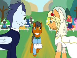 Size: 3300x2480 | Tagged: safe, artist:allonsbro, applejack, soarin', oc, earth pony, pony, bride, clothes, dress, female, male, marriage, shipping, soarinjack, straight, wedding, wedding dress, wedding veil