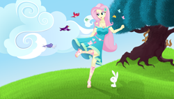 Size: 6500x3700 | Tagged: safe, artist:silvertongue, artist:xsilvertonguex, angel bunny, fluttershy, bird, squirrel, better together, equestria girls, cloud, geode of fauna, magical geodes, tree