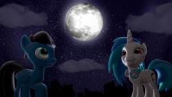 Size: 7680x4320 | Tagged: safe, artist:agkandphotomaker2000, dj pon-3, vinyl scratch, oc, oc:pony video maker, pegasus, pony, unicorn, 3d, admiring, canon x oc, cloud, female, headphones, looking up, male, moon, sfm pony, shipping, source filmmaker, stars, straight, videoscratch