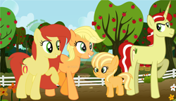 Size: 1600x921 | Tagged: safe, artist:turtlelucy, applejack, flim, earth pony, pony, apple tree, family, female, fence, flimjack, male, offspring, parent:applejack, parent:flim, parents:flimjack, shipping, straight, sweet apple acres, tree