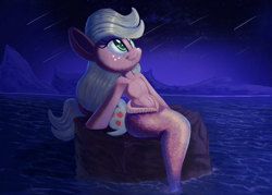 Size: 2000x1435 | Tagged: safe, artist:discorded, applejack, fish, mermaid, merpony, female, mare, mermaidized, night, sitting, smiling, solo, species swap, water