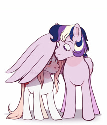 Size: 1280x1493 | Tagged: safe, artist:whisperseas, oc, oc only, oc:concord, oc:nymph, hybrid, pegasus, pony, albino, disguise, disguised changeling, female, hug, interspecies offspring, male, mare, offspring, parent:king sombra, parent:princess cadance, parent:queen chrysalis, parent:shining armor, parents:chrysombra, parents:shiningcadance, shade, simple background, stallion, white background, wing shelter, winghug
