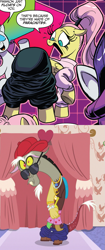 Size: 965x2300 | Tagged: safe, artist:andypriceart, idw, screencap, discord, fluttershy, rarity, pegasus, pony, unicorn, discordant harmony, spoiler:comic, spoiler:comic64, 80s, alternate hairstyle, big eyelashes, bling, butt, clothes, cover up, cropped, cute, dialogue, eyeliner, eyes closed, female, flutterbutt, fluttershy is not amused, frown, high ponytail, horrified, looking back, makeup, male, mare, no context, offscreen character, open mouth, pants, pants down, parachute pants, plot, ponytail, raised hoof, rapper, smiling, sunglasses, unamused, underwear, watch, wide eyes, wristwatch