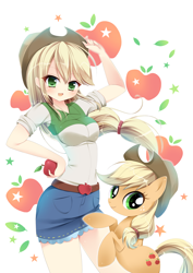 Size: 992x1403 | Tagged: safe, artist:スピカ, applejack, earth pony, human, pony, equestria girls, anime, apple, applejack's hat, belt, blushing, clothes, cowboy hat, cute, denim skirt, female, food, freckles, hand on hip, hat, humanized, jackabetes, looking at you, mare, miniskirt, moe, open mouth, shirt, skirt, smiling, stetson