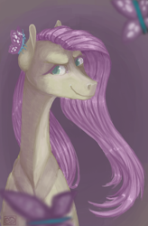 Size: 630x963 | Tagged: safe, artist:eugenchen, discord, fluttershy, butterfly, pony, the return of harmony, bust, female, flutterbitch, gradient background, looking at you, mare, smiling, smirk, solo, species swap