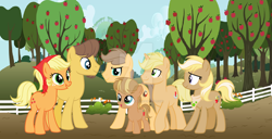 Size: 1280x657 | Tagged: safe, artist:caribbeanwaves, applejack, caramel, earth pony, pony, apple tree, carajack, family, female, fence, male, shipping, straight, sweet apple acres, tree