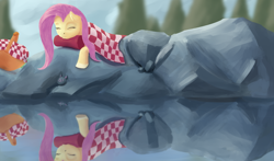 Size: 2000x1179 | Tagged: safe, artist:aterhut, fluttershy, pegasus, pony, blanket, female, mare, picnic, picnic blanket, pillow, reflection, rock, rock pool, sleeping, solo, water