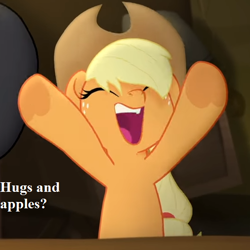 Size: 546x546 | Tagged: safe, edit, edited screencap, screencap, applejack, earth pony, pony, my little pony: the movie, applejack's hat, bronybait, cowboy hat, cropped, cute, dialogue, eyes closed, female, happy, hat, hug request, jackabetes, mare, open mouth, underhoof