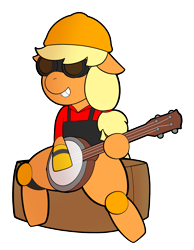 Size: 1187x1528 | Tagged: safe, applejack, earth pony, pony, banjo, clothes, cosplay, costume, crossover, engineer, goggles, hard hat, musical instrument, solo, team fortress 2