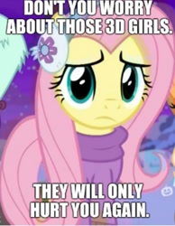 Size: 745x960 | Tagged: safe, edit, edited screencap, screencap, applejack, fluttershy, rarity, earth pony, pegasus, pony, unicorn, best gift ever, caption, clothes, cropped, earmuffs, female, frown, gravity falls, image macro, impact font, looking at you, mare, meme, solo, solo focus, sweater, sweatershy, text, winter, winter outfit