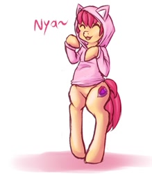 Size: 1050x1200 | Tagged: safe, artist:breeoche, apple bloom, earth pony, semi-anthro, cat hoodie, colored sketch, nya, simple background, solo, standing, white background