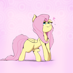 Size: 2500x2500 | Tagged: safe, artist:rainyvisualz, fluttershy, pegasus, pony, abstract background, female, folded wings, heart, lidded eyes, looking up, mare, missing cutie mark, solo, standing, wings