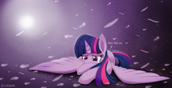 Size: 1176x600 | Tagged: safe, artist:vavacung, twilight sparkle, twilight sparkle (alicorn), alicorn, pony, crying, feather, female, hate, mare, prone, sad, solo, spread wings, stars, sun