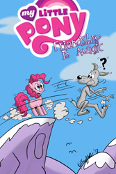 Size: 1024x1536 | Tagged: safe, artist:cartoon-eric, pinkie pie, oc, oc:fred wolfbane, pony, werewolf, comic:pink. it's what's for dinner, cliff, comic, comic cover, mountain, this will end in pinkie antics