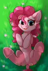 Size: 1000x1500 | Tagged: safe, alternate version, artist:php97, pinkie pie, earth pony, pony, alternate hairstyle, chest fluff, cute, dappled sunlight, diapinkes, dock, ear fluff, featureless crotch, female, frog (hoof), grass, looking at you, mane swap, mare, on back, smiling, solo, underhoof