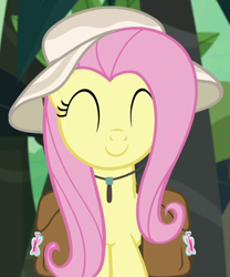 Size: 644x774 | Tagged: safe, screencap, fluttershy, pegasus, pony, daring doubt, cropped, cute, eyes closed, female, hat, mare, saddle bag, shyabetes, smiling, solo