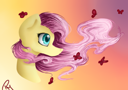 Size: 3496x2480 | Tagged: safe, artist:moon-wing, fluttershy, butterfly, pegasus, pony, bust, female, gradient background, mare, portrait, solo, windswept mane