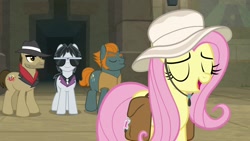 Size: 1920x1080 | Tagged: safe, screencap, biff, fluttershy, rogue (character), withers, pegasus, pony, daring doubt, hat, henchmen, saddle bag