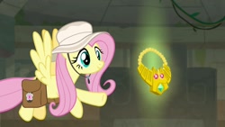 Size: 1920x1080 | Tagged: safe, screencap, fluttershy, pegasus, pony, daring doubt, hat, saddle bag, solo, truth talisman