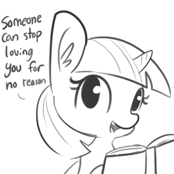 Size: 1650x1650 | Tagged: safe, artist:tjpones, part of a set, twilight sparkle, twilight sparkle (alicorn), alicorn, pony, book, demotivational, dialogue, ear fluff, female, grayscale, mare, monochrome, oof, open mouth, out of character, simple background, sketch, solo, white background