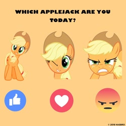 Size: 1080x1080 | Tagged: safe, derpibooru import, applejack, earth pony, pony, g4, angry, applejack month, applejack's hat, clothes, cowboy hat, cute, emoji, facebook, female, hat, jackabetes, mare, official, one eye closed, orange background, self ponidox, simple background, text, wink