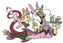 Size: 1097x761 | Tagged: safe, artist:jargon scott, butterscotch, discord, eris, fluttershy, rabbit, bunnified, bunny suit, bunnyscotch, bunnyshy, chocolate, chocolate milk, clothes, juice, juice box, lipstick, milk, question mark, rule 63, species swap, tray