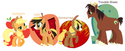 Size: 1516x624 | Tagged: safe, artist:kiavik5005, applejack, trouble shoes, oc, oc:gala, oc:honeycrisp, earth pony, pony, base used, family, female, male, mare, offspring, parent:applejack, parent:trouble shoes, parents:troublejack, shipping, simple background, stock vector, straight, troublejack, unshorn fetlocks, white background