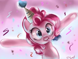 Size: 1600x1200 | Tagged: safe, artist:bunsogen, pinkie pie, earth pony, pony, confetti, cute, diapinkes, female, hat, mare, party hat, party horn, solo