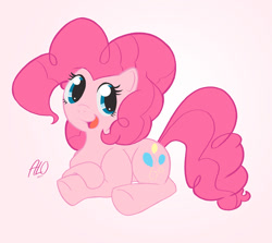 Size: 1010x900 | Tagged: safe, artist:alorozco, pinkie pie, earth pony, pony, cute, diapinkes, open mouth, pink background, prone, simple background, solo