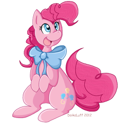 Size: 641x664 | Tagged: safe, artist:daikaluff, pinkie pie, earth pony, pony, bowtie, cute, diapinkes, female, mare, open mouth, simple background, sitting, solo, transparent background