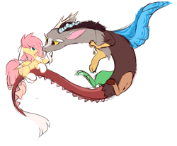 Size: 1884x1560 | Tagged: safe, artist:little-sketches, discord, fluttershy, draconequus, pegasus, pony, alternate design, alternate hairstyle, blaze (coat marking), chest fluff, discoshy, eye contact, female, floppy ears, flying, jewelry, looking at each other, male, mare, necklace, shipping, simple background, socks (coat marking), straight, two toned wings, white background, wings