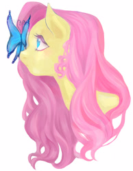 Size: 3881x5000 | Tagged: safe, artist:memori-p, fluttershy, butterfly, pegasus, pony, bust, butterfly on nose, female, insect on nose, looking at something, mare, portrait, profile, simple background, solo, white background