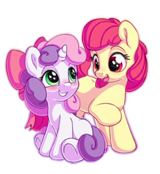 Size: 1100x1200 | Tagged: safe, artist:bobdude0, apple bloom, sweetie belle, earth pony, pony, unicorn, accessory swap, adorabloom, blushing, bow, cute, diasweetes, duo, eye contact, female, filly, hair bow, looking at each other, open mouth, open smile, raised hoof, simple background, smiling, smiling at each other, transparent background