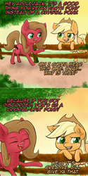 Size: 800x1602 | Tagged: safe, artist:darkonix, applejack, oc, oc:pun, earth pony, pony, ask, ask pun, female, mare, pun