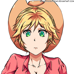 Size: 1748x1748 | Tagged: safe, artist:achaoticdotstar, applejack, human, equestria girls, alternate hairstyle, anime, applejack's hat, clothes, cowboy hat, cute, female, freckles, hat, humanized, jackabetes, looking at you, short hair, simple background, solo, transparent background