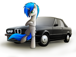 Size: 1600x1200 | Tagged: safe, artist:o0o-bittersweet-o0o, oc, oc only, oc:shifting gear, unicorn, bipedal, bmw, bmw e30, car, leaning, male, simple background, smiling, white background