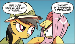 Size: 550x324 | Tagged: safe, artist:amy mebberson, idw, daring do, fluttershy, pegasus, pony, spoiler:comic, spoiler:comic15, blatant lies, dialogue, duo, female, hat, hiding behind mane, mare, official comic, pith helmet, speech bubble