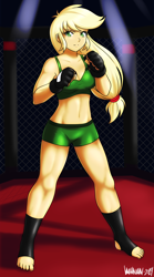 Size: 2500x4500 | Tagged: safe, artist:danmakuman, part of a set, applejack, human, equestria girls, anime, boxing ring, breasts, clothes, commission, female, fingerless gloves, gloves, humanized, mma, solo, sports bra, sports shorts, ufc