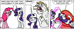 Size: 919x364 | Tagged: safe, artist:gingerfoxy, bulk biceps, pinkie pie, rarity, twilight sparkle, earth pony, pony, unicorn, pony comic generator, bad idea, comic, comic strip, fat joke, female, frown, implied murder, mare, rarity is not amused, simple background, this will end in pain, this will end in tears and/or death, unamused, white background, yeah!!!!!!!!